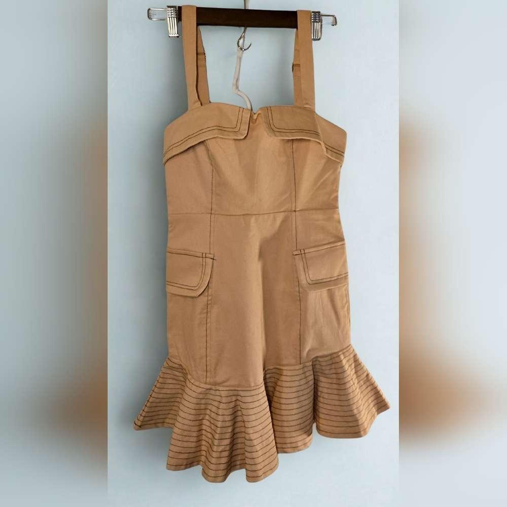 Tan Mini Dress with Flared Hem - Picture 3 of 9